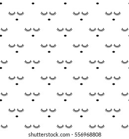 Sleepy infant face seamless vector pattern. Black and white background. Minimalist cute child style textile fabric cartoon Scandinavian ornament.