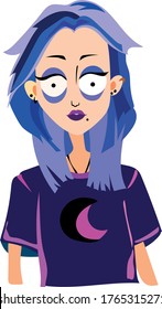 
Sleepy informal girl with blue hair who leads a nocturnal lifestyle in a violet T-shirt with the moon