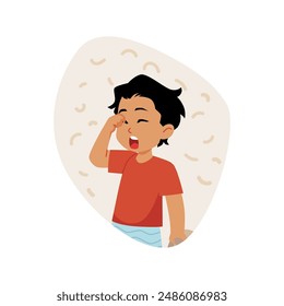 A sleepy kid in bright pajamas with a T-shirt, ready for bed. Vector illustration depicting a yawning little brunette boy with his eyes closed