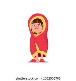 Sleepy Kid Girl Wrapped in Pink Blanket. Cartoon Style Vector Illustration