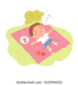 Sleepy kid lying on blanket on green grass of summer park or garden vector illustration. Cartoon child resting after picnic with cake and fruit on outdoor camp, lazy nap time of baby isolated on white