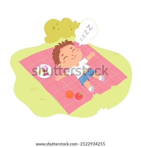 Sleepy kid lying on blanket on green grass of summer park or garden vector illustration. Cartoon child resting after picnic with cake and fruit on outdoor camp, lazy nap time of baby isolated on white