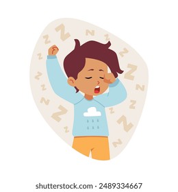 A sleepy kid in pajamas, ready for bed. Vector illustration depicting a little boy yawning and pandiculation. A cute illustration for a children's bedroom