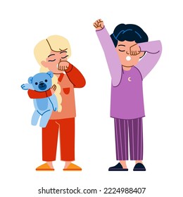 sleepy kid vector. child boy, tired sleep, cute girl, bed bedtime, night young, yawn childhood sleepy kid character. people flat cartoon illustration
