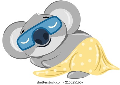 Sleepy koala bear sleeping peacefully while wearing an eye mask and a blanket.