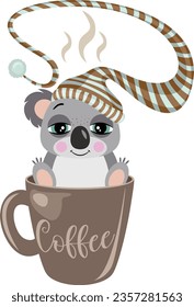 Sleepy koala with sleeping hat inside cup of coffee
