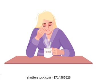 Sleepy lady with coffee semi flat RGB color vector illustration. Stressed caucasian woman isolated cartoon character on white background. Exhaustion, emotional fatigue, lack of energy