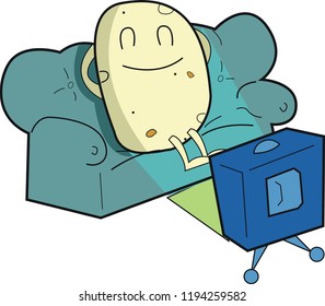 Sleepy, lazy couch potato, snoozing on a green sofa, in front of a retro television set.
