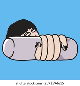 Sleepy Lazy Young Woman Lying And Hugging A Side Body Pillow With Her Super Long Hand Concept Cartoon Character illustration