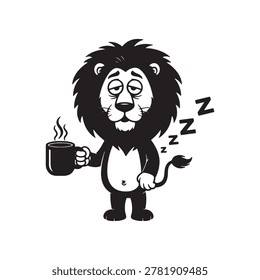 Sleepy lion character with steaming mug conveys morning grogginess. Ideal for advertising coffee brands or illustrating fatigue.