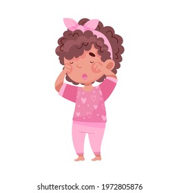 Sleepy Little African American Girl Wearing Pajamas Rubbing Her Eyes with Fist and Yawning Vector Illustration