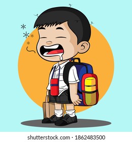 Sleepy little boy  back pack holding stationery first day at school.