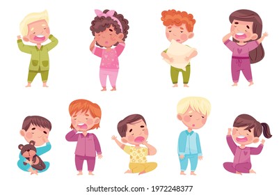 Sleepy Little Boy and Girl Wearing Pajamas Stretching and Yawning Vector Set