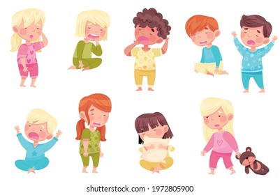 Sleepy Little Boy and Girl Wearing Pajamas Stretching and Yawning Vector Set