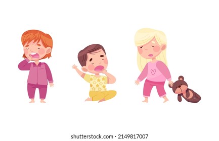 Sleepy Little Boy and Girl Wearing Pajamas Sitting and Yawning Vector Illustration Set