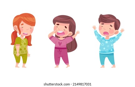 Sleepy Little Boy and Girl Wearing Pajamas Standing and Yawning Vector Illustration Set