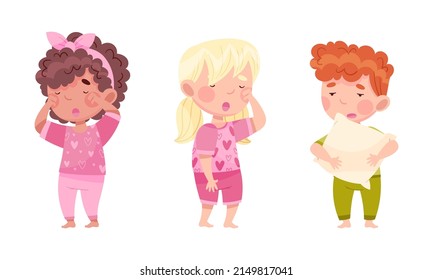 Sleepy Little Boy and Girl Wearing Pajamas Standing and Yawning Vector Illustration Set