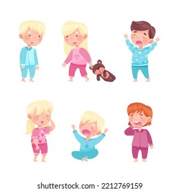 Sleepy Little Boy and Girl Wearing Pajamas Stretching and Yawning Vector Illustration Set