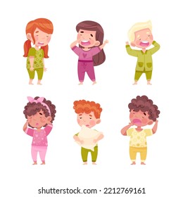 Sleepy Little Boy and Girl Wearing Pajamas Stretching and Yawning Vector Illustration Set