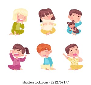 Sleepy Little Boy and Girl Wearing Pajamas Stretching and Yawning Vector Illustration Set