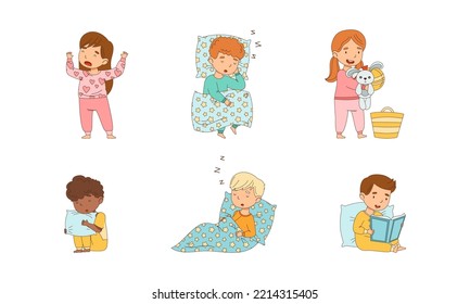 Sleepy Little Boy and Girl Wearing Pajamas Yawning and Reading Book Getting Ready to Bed Vector Set