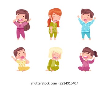 Sleepy Little Boy and Girl Wearing Pajamas Stretching and Yawning Vector Set