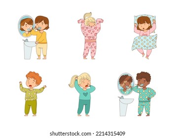 Sleepy Little Boy and Girl Wearing Pajamas Yawning and Brushing Teeth Getting Ready to Bed Vector Set