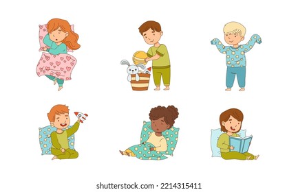 Sleepy Little Boy and Girl Wearing Pajamas Sleeping in Bed and Reading Book Getting Ready to Bed Vector Set