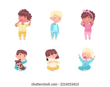 Sleepy Little Boy and Girl Wearing Pajamas Stretching and Yawning Vector Set