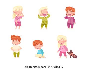 Sleepy Little Boy and Girl Wearing Pajamas Stretching and Yawning Vector Set