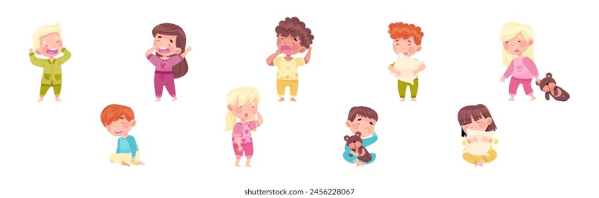 Sleepy Little Boy and Girl Wearing Pajamas Stretching and Yawning Vector Set