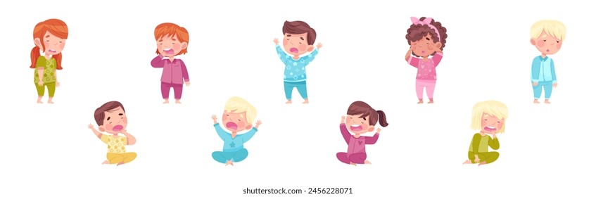 Sleepy Little Boy and Girl Wearing Pajamas Stretching and Yawning Vector Set