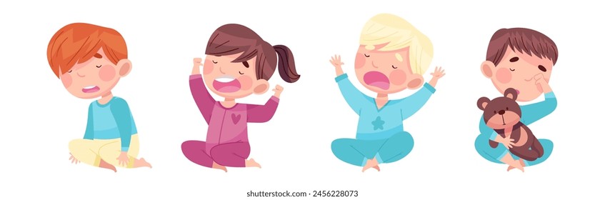 Sleepy Little Boy and Girl Wearing Pajamas Stretching and Yawning Vector Set