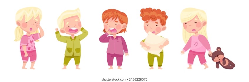 Sleepy Little Boy and Girl Wearing Pajamas Stretching and Yawning Vector Set