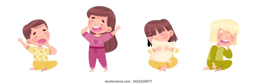 Sleepy Little Boy and Girl Wearing Pajamas Stretching and Yawning Vector Set