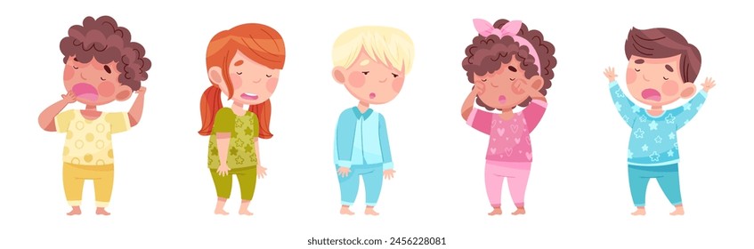 Sleepy Little Boy and Girl Wearing Pajamas Stretching and Yawning Vector Set