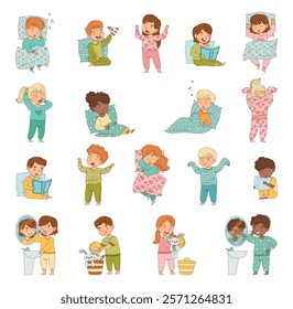 Sleepy Little Boy and Girl Wearing Pajamas Get Ready to Bed Vector Set