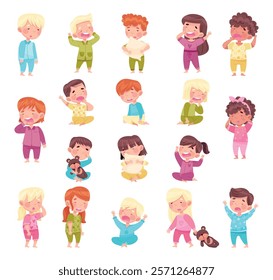 Sleepy Little Boy and Girl Wearing Pajamas Get Ready to Bed Vector Set