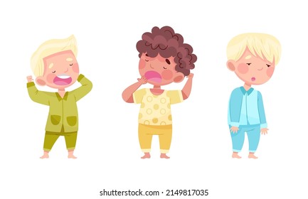 Sleepy Little Boy Wearing Pajamas Standing and Yawning Vector Illustration Set