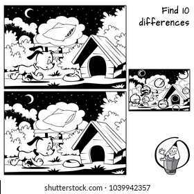 Sleepy little dog. Find 10 differences. Educational game for children. Black and white cartoon vector illustration
