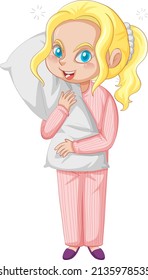 Sleepy Little girl in pajamas on white background illustration