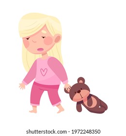 Sleepy Little Girl in Pajamas Pulling Teddy Bear and Yawning Vector Illustration