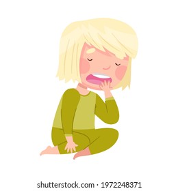 Sleepy Little Girl Wearing Pajamas Sitting on the Floor and Yawning Vector Illustration