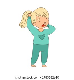 Sleepy Little Girl Wearing Pajamas Stretching and Yawning Vector Illustration