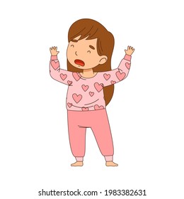 Sleepy Little Girl Wearing Pajamas Stretching and Yawning Vector Illustration