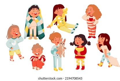 Sleepy little kids set vector illustration. Cartoon isolated girls and boys in pajamas yawn and ready to rest and sleep in bedtime, child holding blanket and pillow, teddy bear toy for sleeping