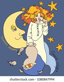 Sleepy little mermaid with pillow and the moon. Flat, cartoon characters, ocean and sea