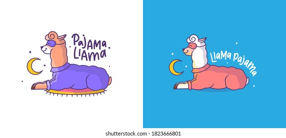 The sleepy llamas alpacas in pajamas. Cartoon character is near the moon at night. Good for t-shirt designs, stickers, ads, parties etc. Two color options are vector illustrations 