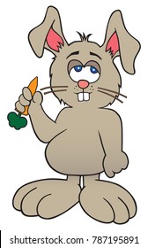 Sleepy looking cartoon bunny is getting ready to eat a carrot