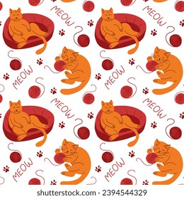 Sleepy lying cat with balls of wool vector pattern. Flat hand drawn cats in kids cartoon minimalistic style. Trendy kids pattern design on white background. Ideal for textile, wrapping paper